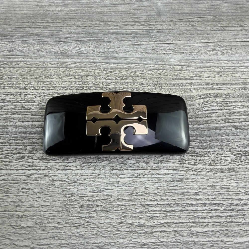Tory Burch Kira Small Barrette Black Gold Double T Logo Designer Hair Clip